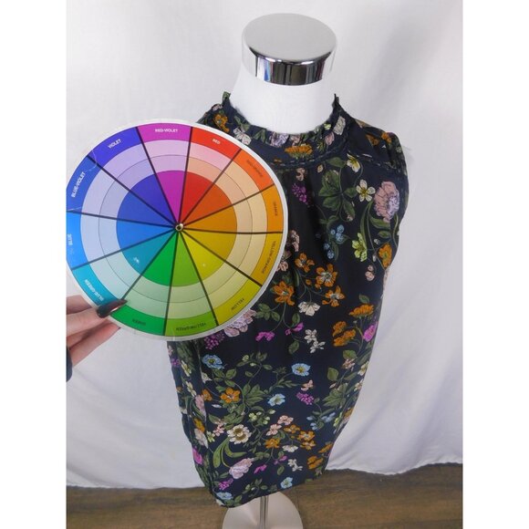 LOFT Medium Navy Floral Ruffle Mock Neck Blouse Cottagecore - Picture 9 of 11